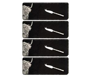 Selbrae House Just Slate Company Set of 4 Highland Cow Mini Slate Cheese Board & Knife Sets