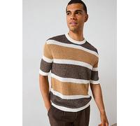 Selected Homme Ginger Short Sleeve Relaxed Stripe Knitted T-Shirt - Brown, Egret Chipmunk / Demitasse, Size M, Men Egret Chipmunk / Demitasse