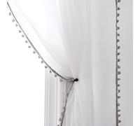Selectex Linen Look Pom Pom Tasseled Sheer Curtains - Rod Pocket Voile Semi-Sheer Curtains for Living and Bedroom, Set of 2 Curtain Panels (52 x 63 inch, White Sheer & Gray Pom Poms)