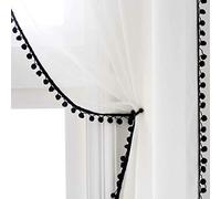Selectex Linen Look Tasseled Sheer Curtains - Rod Pocket Voile Semi-Sheer Curtains for Living and Bedroom, Set of 2 Panels (52 x 95 inch, White Sheer & Black Pom Poms)