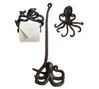 Selections Cast Iron Octopus Shaped Loo Roll Holder Store, Wall Dispenser and Wall Hook Set