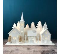 Selections Christmas Village Alpine Scene Decoration White Wooden Ornament With Leds