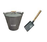 Selections Large Fireside Ash Bucket with Lid & Shovel Pack, 32cm High, 12 Litre Capacity in French Grey
