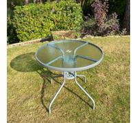 Table for Tresco 6-Piece Garden Furniture Set: Grey Powder-Coated Steel Table with Glass Top, Parasol Hole, 70x80x80 cm