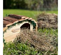 Wooden Hedgehog House Hogitat with Bark Roof and Nesting Straw - Untreated 34cm x 19cm x 17cm Shelter