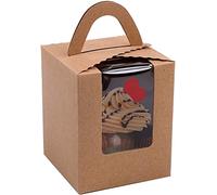 Selecto Bake 6 Pcs Paper Cupcakes Boxes, Portable Single Individual Cupcake Gift Boxes with Window Inserts Handle for Wedding Candy Boxes (Brown)
