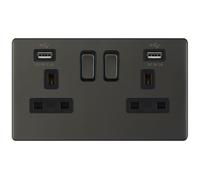Selectric 5MPLUS-12-61 5M-PLUS Screwless 2 Gang 13A Switched Socket Outlet with 2x USB Type-A (2.1A/1A) - Dark Bronze, Black Insert