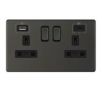 Selectric 5MPLUS-12-63 5M-PLUS Screwless 2 Gang 13A Switched Socket Outlet with 1x USB Type-A (2.4A) & 1x USB Type-C (3A) - Dark Bronze, Black Insert