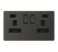 Selectric 5MPLUS-12-68 5M-PLUS Screwless 2 Gang 13A Switched Socket Outlet with 2x USB Type-C (3A) - Dark Bronze, Black Insert