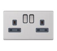 Selectric 5MPLUS-122 5M-PLUS Screwless 2 Gang 13A Switched DP Socket Outlet with 2 Earth Terminals - Satin Chrome, Grey Insert