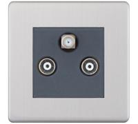 Selectric 5MPLUS-137 5M-PLUS Screwless 1x F-Type Satellite & 2x Isolated Coaxial TV Socket - Satin Chrome, Grey Insert