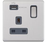 Selectric 5MPLUS-160 5M-PLUS Screwless 1 Gang 13A Switched Socket Outlet with 1x USB Type-A (2.1A) - Satin Chrome, Grey Insert