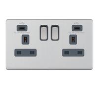 Selectric 5MPLUS-168 5M-PLUS Screwless 2 Gang 13A Switched Socket Outlet with 2x USB Type-C (3A) - Satin Chrome, Grey Insert