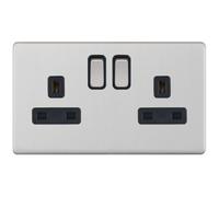 Selectric 5MPLUS-222 5M-PLUS Screwless 2 Gang 13A Switched DP Socket Outlet with 2 Earth Terminals - Satin Chrome, Black Insert