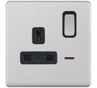 Selectric 5MPLUS-223 5M-PLUS Screwless 1 Gang 13A Switched DP Socket Outlet with Neon - Satin Chrome, Black Insert