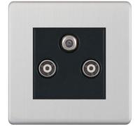 Selectric 5MPLUS-237 5M-PLUS Screwless 1x F-Type Satellite & 2x Isolated Coaxial TV Socket - Satin Chrome, Black Insert