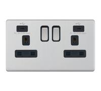 Selectric 5MPLUS-268 5M-PLUS Screwless 2 Gang 13A Switched Socket Outlet with 2x USB Type-C (3A) - Satin Chrome, Black Insert
