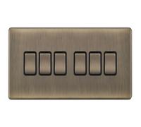 Selectric 5MPLUS-605 5M-PLUS Screwless 6 Gang 2 Way 10AX Plate Switch - Antique Brass, Black Insert
