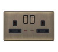 Selectric 5MPLUS-624 5M-PLUS Screwless 2 Gang 13A Switched DP Socket Outlet with Neon - Antique Brass, Black Insert