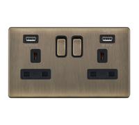 Selectric 5MPLUS-661 5M-PLUS Screwless 2 Gang 13A Switched Socket Outlet with 2x USB Type-A (2.1A/1A) - Antique Brass, Black Insert
