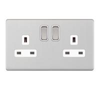Selectric 5MPLUS-722 5M-PLUS Screwless 2 Gang 13A Switched DP Socket Outlet with 2 Earth Terminals - Satin Chrome, White Insert