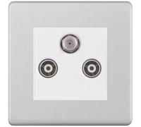 Selectric 5MPLUS-737 5M-PLUS Screwless 1x F-Type Satellite & 2x Isolated Coaxial TV Socket - Satin Chrome, White Insert