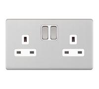 Selectric 5MPLUS-751 5M-PLUS Screwless 2 Gang 13A Switched SP Socket Outlet - Satin Chrome, White Insert