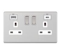 Selectric 5MPLUS-763 5M-PLUS Screwless 2 Gang 13A Switched Socket Outlet with 1x USB Type-A (2.4A) & 1x USB Type-C (3A) - Satin Chrome, White Insert