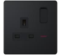 Selectric 5MPLUS-823 5M-PLUS Screwless 1 Gang 13A Switched DP Socket Outlet with Neon - Matt Black, Black Insert