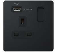 Selectric 5MPLUS-860 5M-PLUS Screwless 1 Gang 13A Switched Socket Outlet with 1x USB Type-A (2.1A) - Matt Black, Black Insert