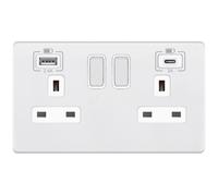 Selectric 5MPLUS-963 5M-PLUS Screwless 2 Gang 13A Switched Socket Outlet with 1x USB Type-A (2.4A) & 1x USB Type-C (3A) - Matt White, White Insert