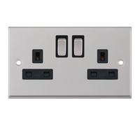 Selectric 7MPRO-222 7M-PRO 2 Gang 13A Switched DP Socket Outlet with 2 Earth Terminals - Satin Chrome, Black Insert