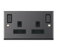 Selectric 7MPRO-485 7M-PRO 2 Gang 13A Switched DP Socket Outlet with Outboard Rockers & 2 Earth Terminals - Black Nickel, Black Insert (Pack 10)