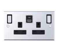 Selectric 7MPRO-586 7M-PRO 2 Gang 13A Switched SP Socket Outlet (Outboard Rockers) + 2 Earth Terminal with 1x USB Type-A (2.4A) & 1x USB Type-C (3A) - Polished Chrome, Black Insert