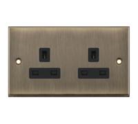 Selectric 7MPRO-620 7M-PRO 2 Gang 13A Unswitched Socket Outlet with 2 Earth Terminals - Antique Brass, Black Insert