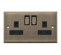 Selectric 7MPRO-622 7M-PRO 2 Gang 13A Switched DP Socket Outlet with 2 Earth Terminals - Antique Brass, Black Insert