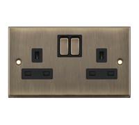 Selectric 7MPRO-651 7M-PRO 2 Gang 13A Switched SP Socket Outlet - Antique Brass, Black Insert
