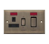 Selectric Antique Brass 45A DP Cooker Switch and 13A Switched Plug Socket with Neon and Black Insert 7M-Pro