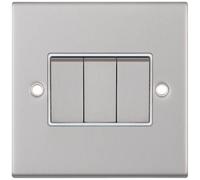 Selectric DSL103 5M 3 Gang 2 Way 10AX Plate Switch - Satin Chrome, White Insert