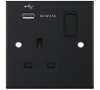 Selectric DSL11-60 5M 1 Gang 13A Switched Socket Outlet with 1x USB Type-A (2.1A) - Matt Black, Black Insert