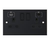 Selectric DSL11-63 5M 2 Gang 13A Switched Socket Outlet with 1x USB Type-A (2.4A) & 1x USB Type-C (3A) - Matt Black, Black Insert