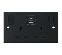 Selectric DSL11-86 5M 2 Gang 13A Switched SP Socket Outlet (Outboard Rockers) + 2 Earth Terminal with 1x USB Type-A (2.4A) & 1x USB Type-C (3A) - Matt Black, Black Insert