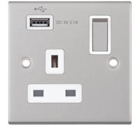 Selectric DSL160 5M 1 Gang 13A Switched Socket Outlet with 1x USB Type-A (2.1A) - Satin Chrome, White Insert