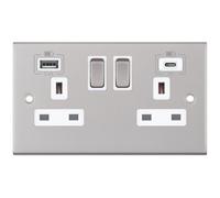 Selectric DSL163 5M 2 Gang 13A Switched Socket Outlet with 1x USB Type-A (2.4A) & 1x USB Type-C (3A) - Satin Chrome, White Insert