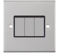 Selectric DSL203 5M 3 Gang 2 Way 10AX Plate Switch - Satin Chrome, Black Insert