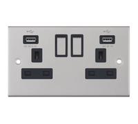 Selectric DSL261 5M 2 Gang 13A Switched Socket Outlet with 2x USB Type-A (2.1A/1A) - Satin Chrome, Black Insert