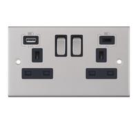 Selectric DSL263 5M 2 Gang 13A Switched Socket Outlet with 1x USB Type-A (2.4A) & 1x USB Type-C (3A) - Satin Chrome, Black Insert