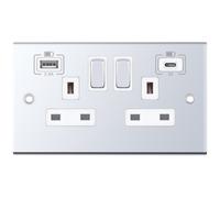Selectric DSL363 5M 2 Gang 13A Switched Socket Outlet with 1x USB Type-A (2.4A) & 1x USB Type-C (3A) - Polished Chrome, White Insert