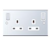 Selectric DSL385 5M 2 Gang 13A Switched DP Socket Outlet with Outboard Rockers & 2 Earth Terminals - Polished Chrome, White Insert