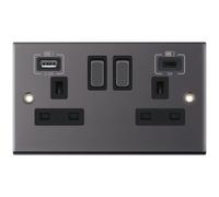 Selectric DSL463 5M 2 Gang 13A Switched Socket Outlet with 1x USB Type-A (2.4A) & 1x USB Type-C (3A) - Black Nickel, Black Insert